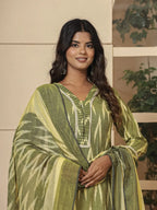 Yufta Dark Green Ikat Print Straight Strappy Kurta Trouser And Dupatta Set | Grocsy