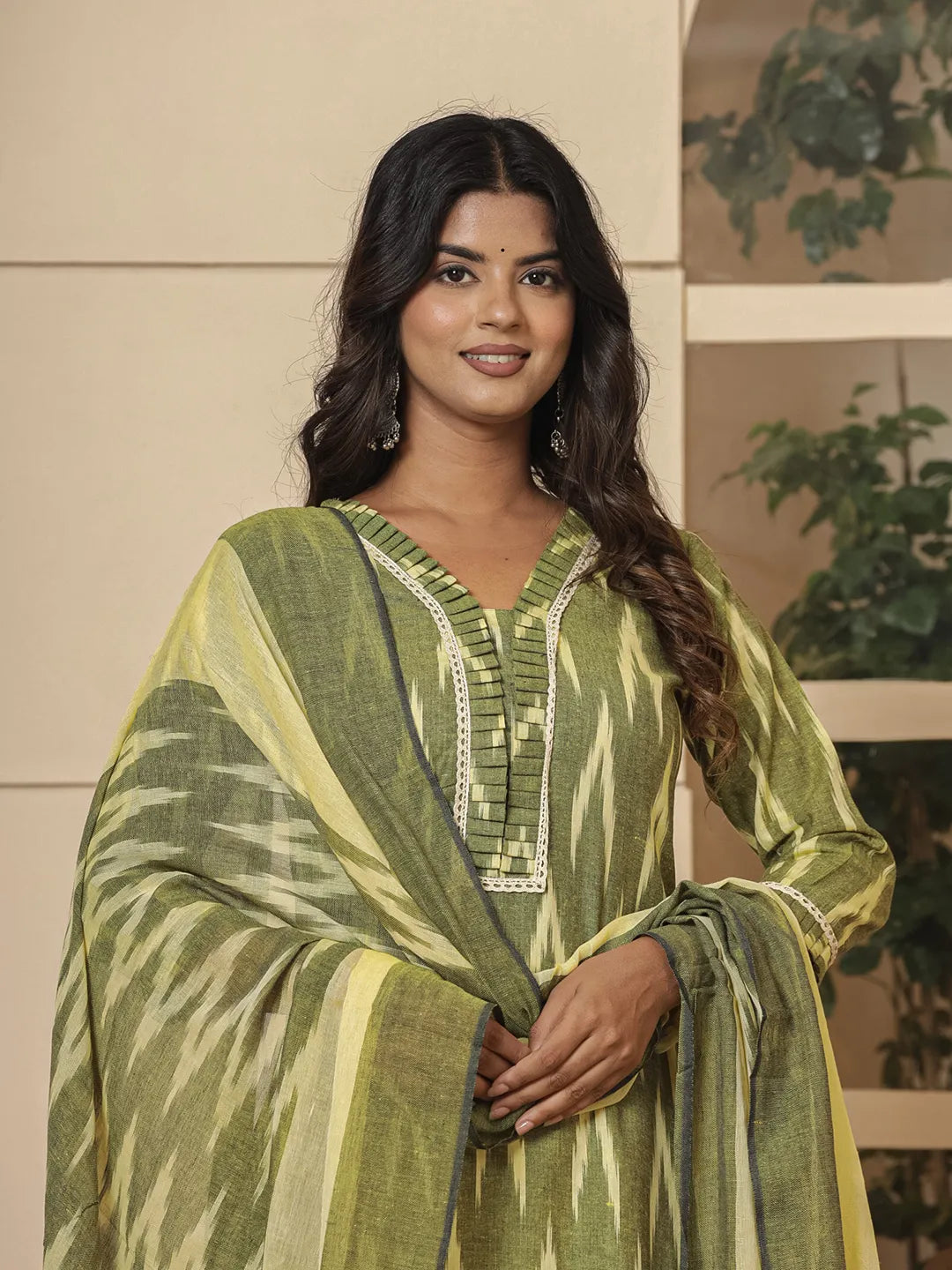 Yufta Dark Green Ikat Print Straight Strappy Kurta Trouser And Dupatta Set | Grocsy