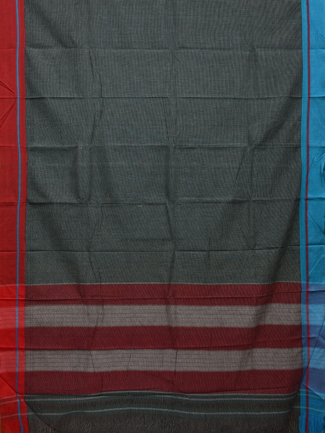 Dark Green ilkal Cotton Handloom Saree with Checks and Ganga-Jamuna Border Design No Blouse - Global Threads | Grocsy