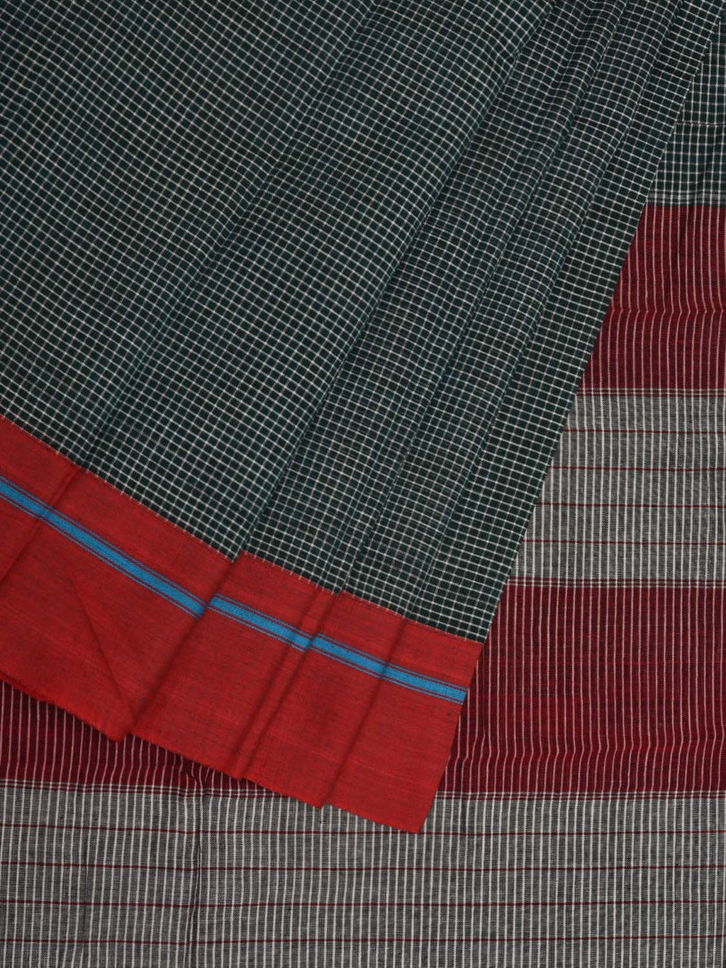 Dark Green ilkal Cotton Handloom Saree with Checks and Ganga-Jamuna Border Design No Blouse - Global Threads | Grocsy