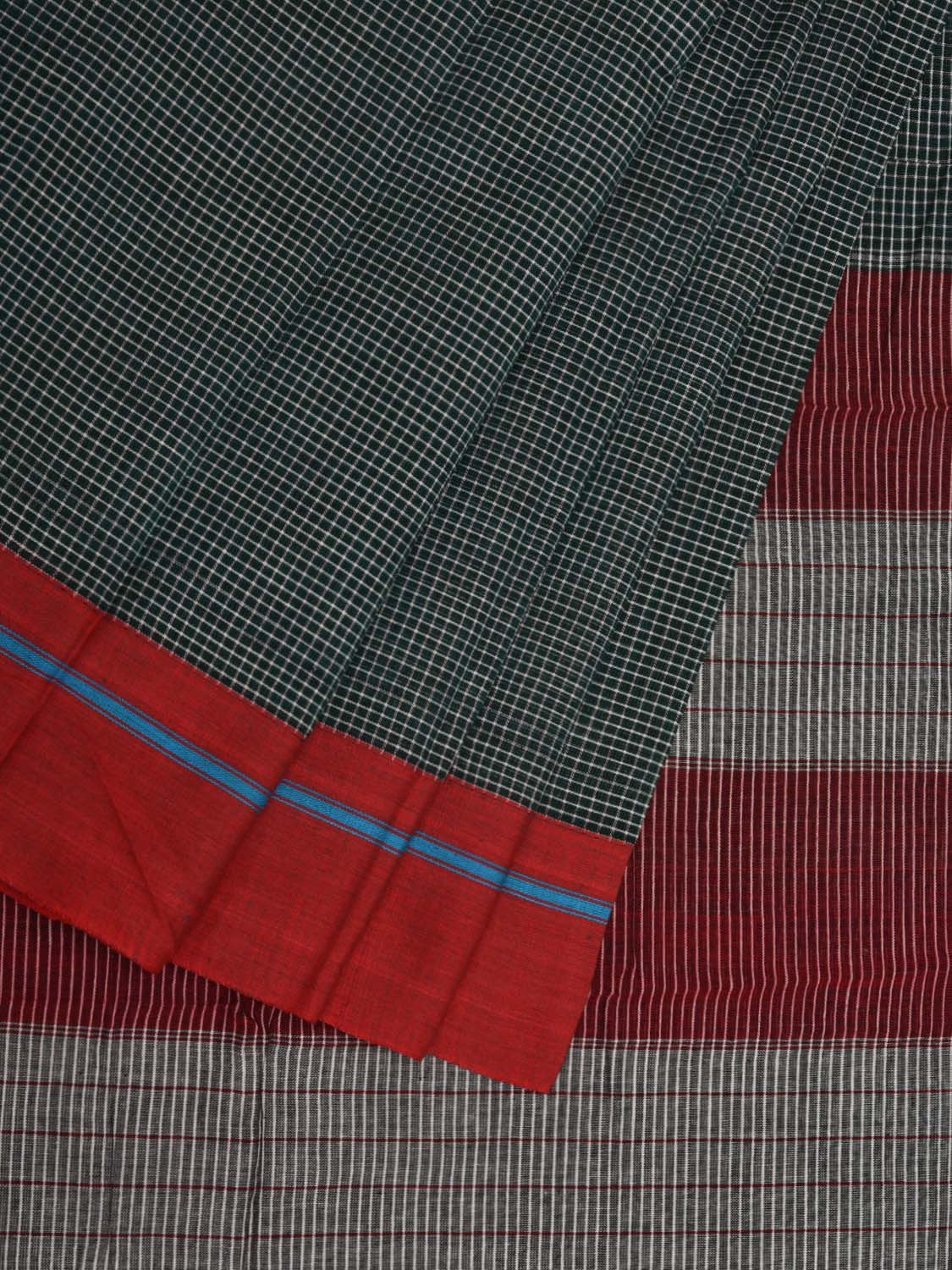 Dark Green ilkal Cotton Handloom Saree with Checks and Ganga-Jamuna Border Design No Blouse - Global Threads | Grocsy