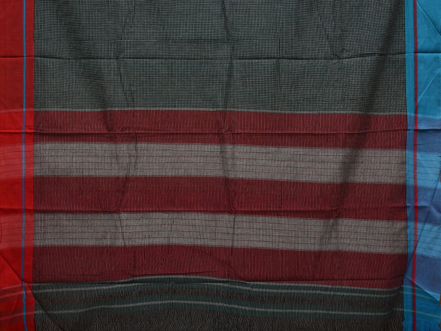 Dark Green ilkal Cotton Handloom Saree with Checks and Ganga-Jamuna Border Design No Blouse - Global Threads | Grocsy