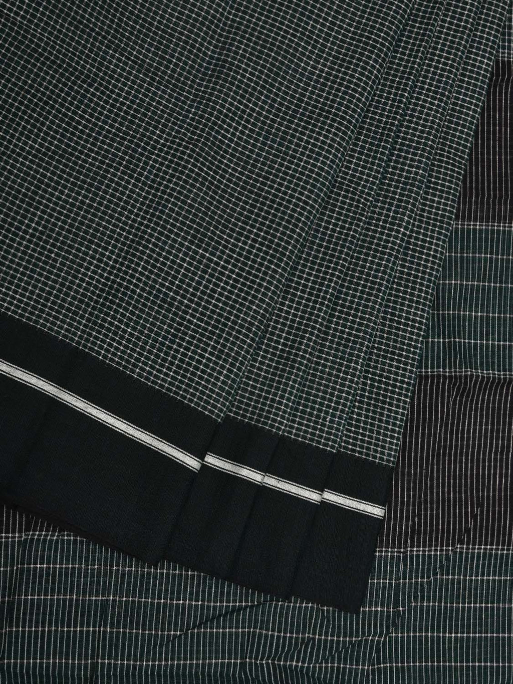 Dark Green ilkal Cotton Handloom Saree with Checks Design No Blouse - Global Threads | Grocsy