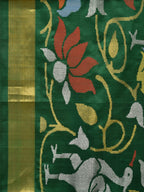 Dark Green Uppada Silk Handloom Saree with All Over Lotus and Birds Design - Global Threads | Grocsy