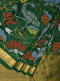Dark Green Uppada Silk Handloom Saree with All Over Lotus and Birds Design - Global Threads | Grocsy