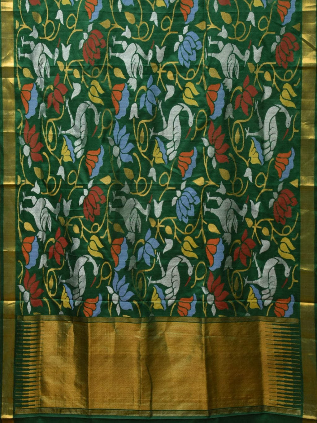 Dark Green Uppada Silk Handloom Saree with All Over Lotus and Birds Design - Global Threads | Grocsy