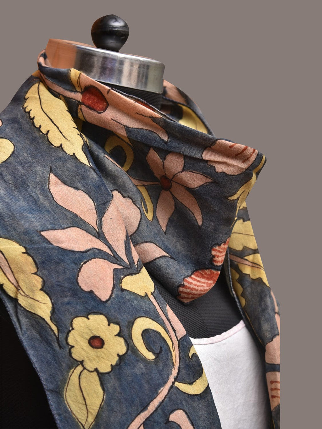 Dark Grey Kalamkari Hand Painted Sico Stole with Floral Design - Global Threads | Grocsy