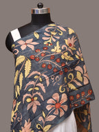 Dark Grey Kalamkari Hand Painted Sico Stole with Floral Design - Global Threads | Grocsy