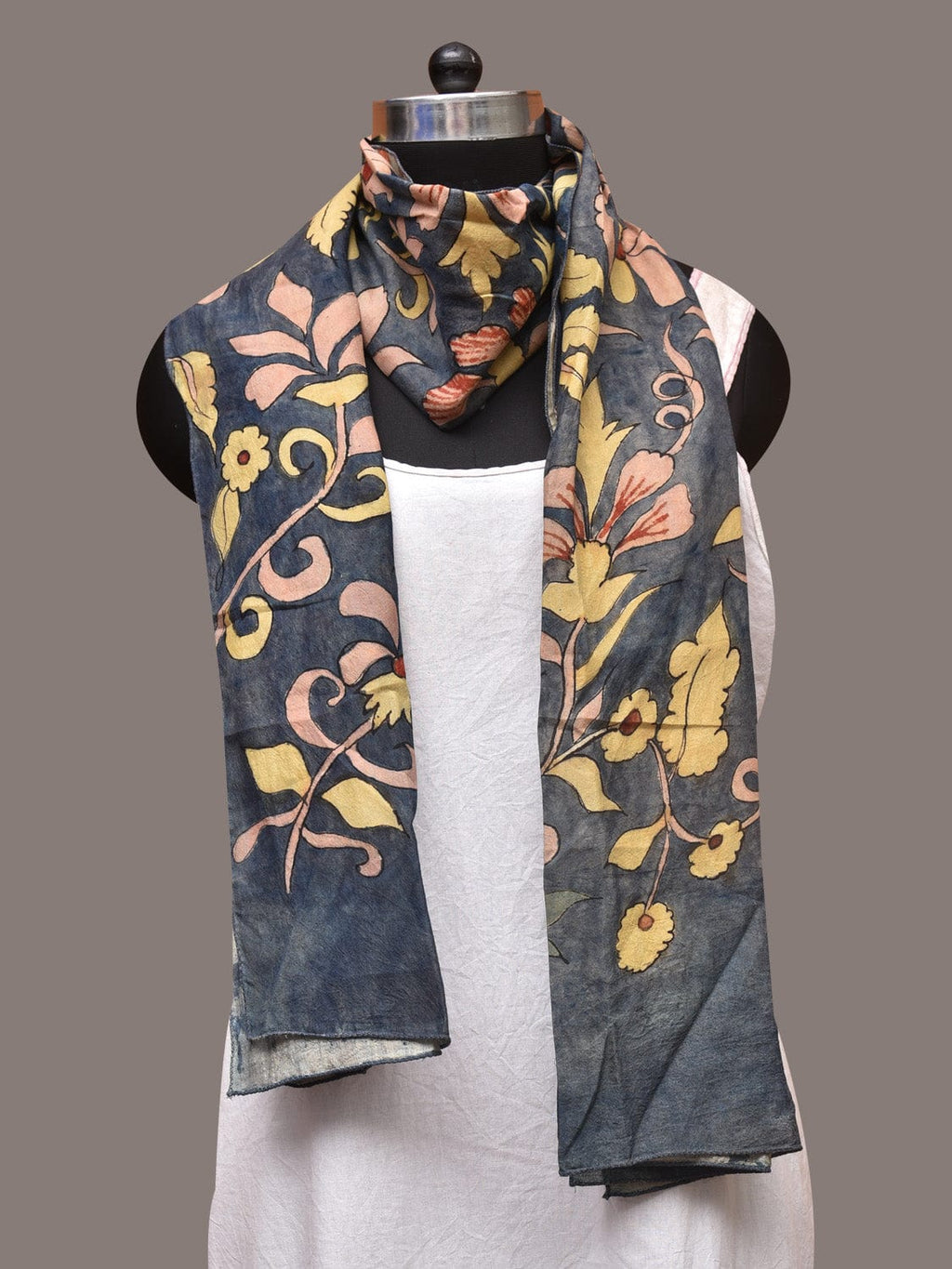 Dark Grey Kalamkari Hand Painted Sico Stole with Floral Design - Global Threads | Grocsy