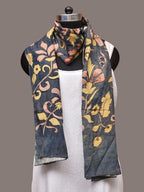 Dark Grey Kalamkari Hand Painted Sico Stole with Floral Design - Global Threads | Grocsy