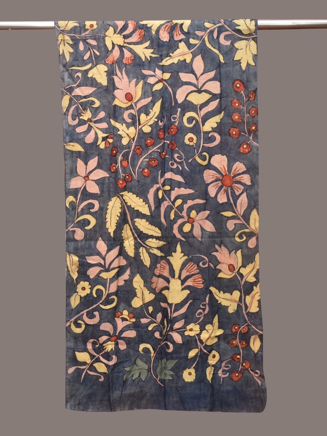 Dark Grey Kalamkari Hand Painted Sico Stole with Floral Design - Global Threads | Grocsy