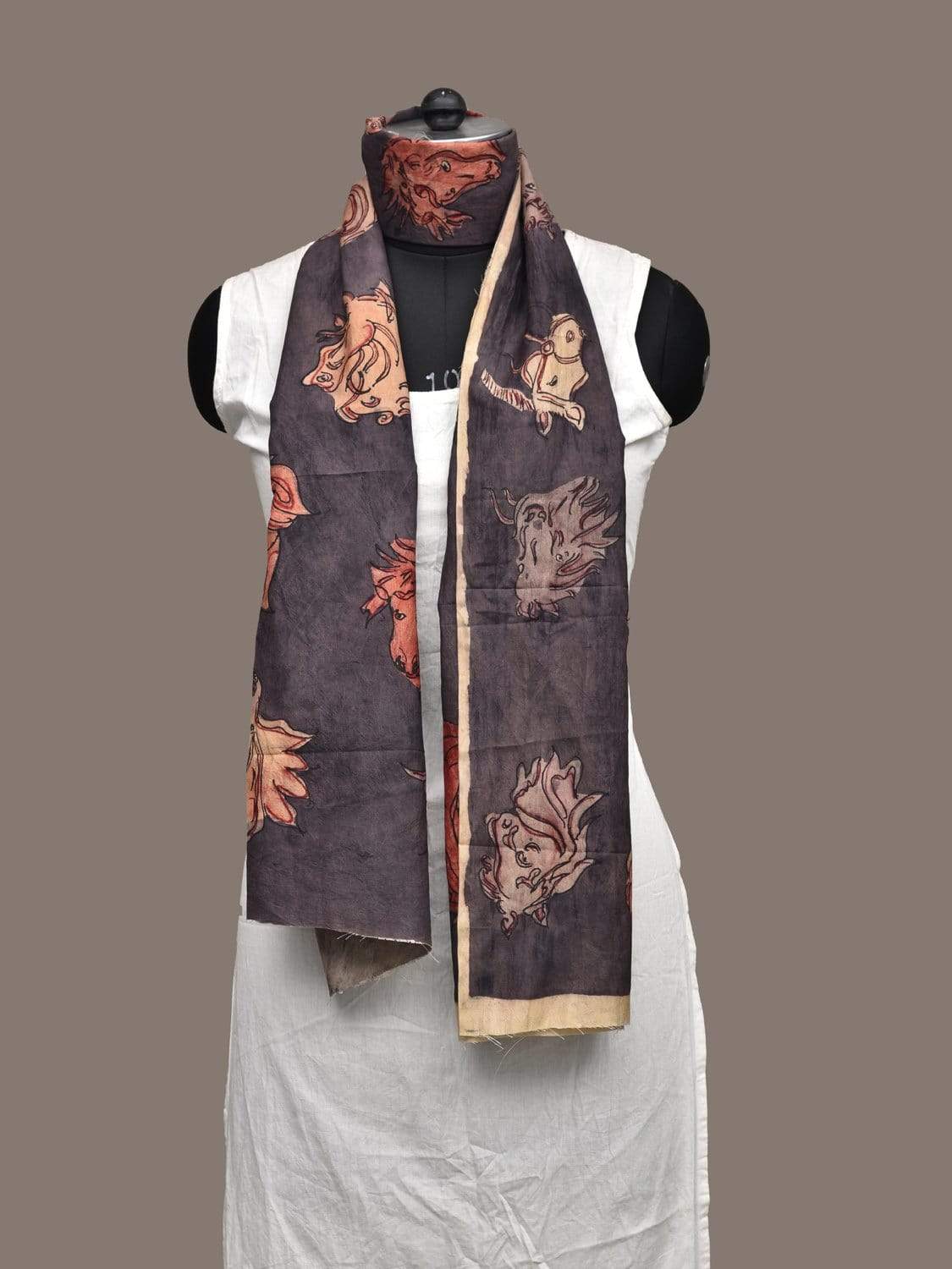Dark Grey Kalamkari Hand Painted Silk Handloom Stole with Horses Design - Global Threads | Grocsy