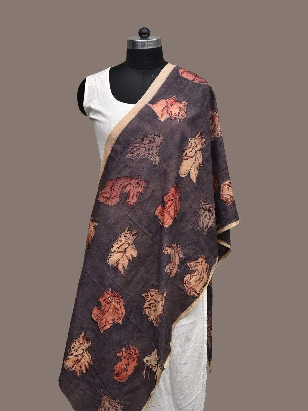 Dark Grey Kalamkari Hand Painted Silk Handloom Stole with Horses Design - Global Threads | Grocsy