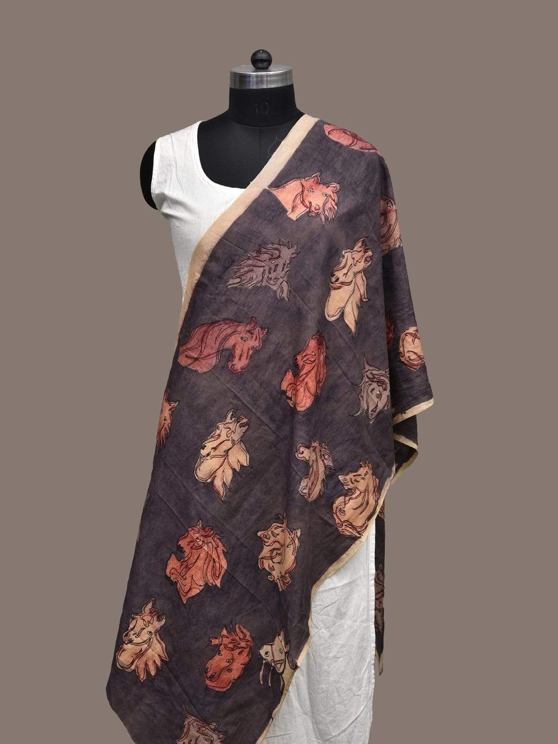 Dark Grey Kalamkari Hand Painted Silk Handloom Stole with Horses Design - Global Threads | Grocsy