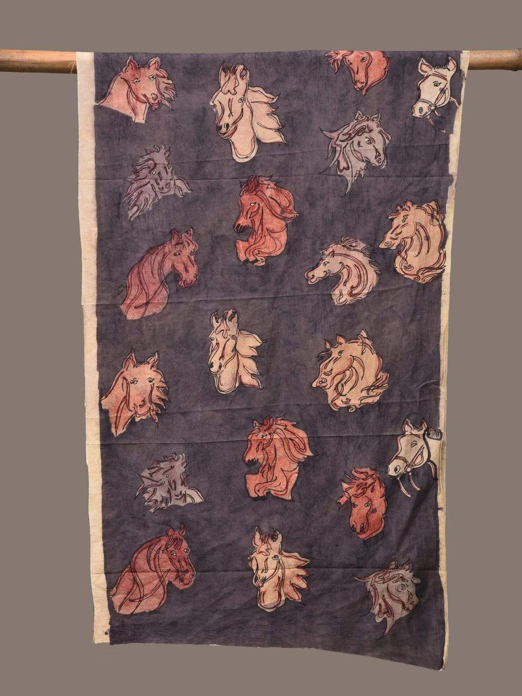 Dark Grey Kalamkari Hand Painted Silk Handloom Stole with Horses Design - Global Threads | Grocsy