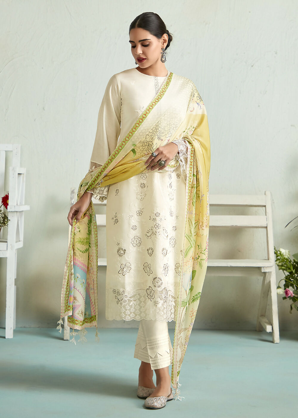 Off White Pure Muslin Resham Embroidered Salwar Suit - Emponline | Grocsy