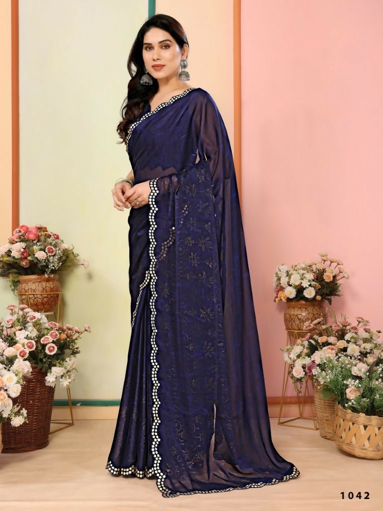 Aafreen Partywear Designer Nevy Blue White Rangoli Fancy Saree | Grocsy