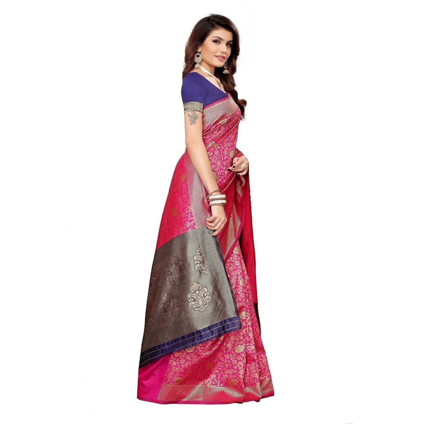 Vamika Banarasi Jaquard Pink Weaving Saree (BANARASI 01) | Grocsy