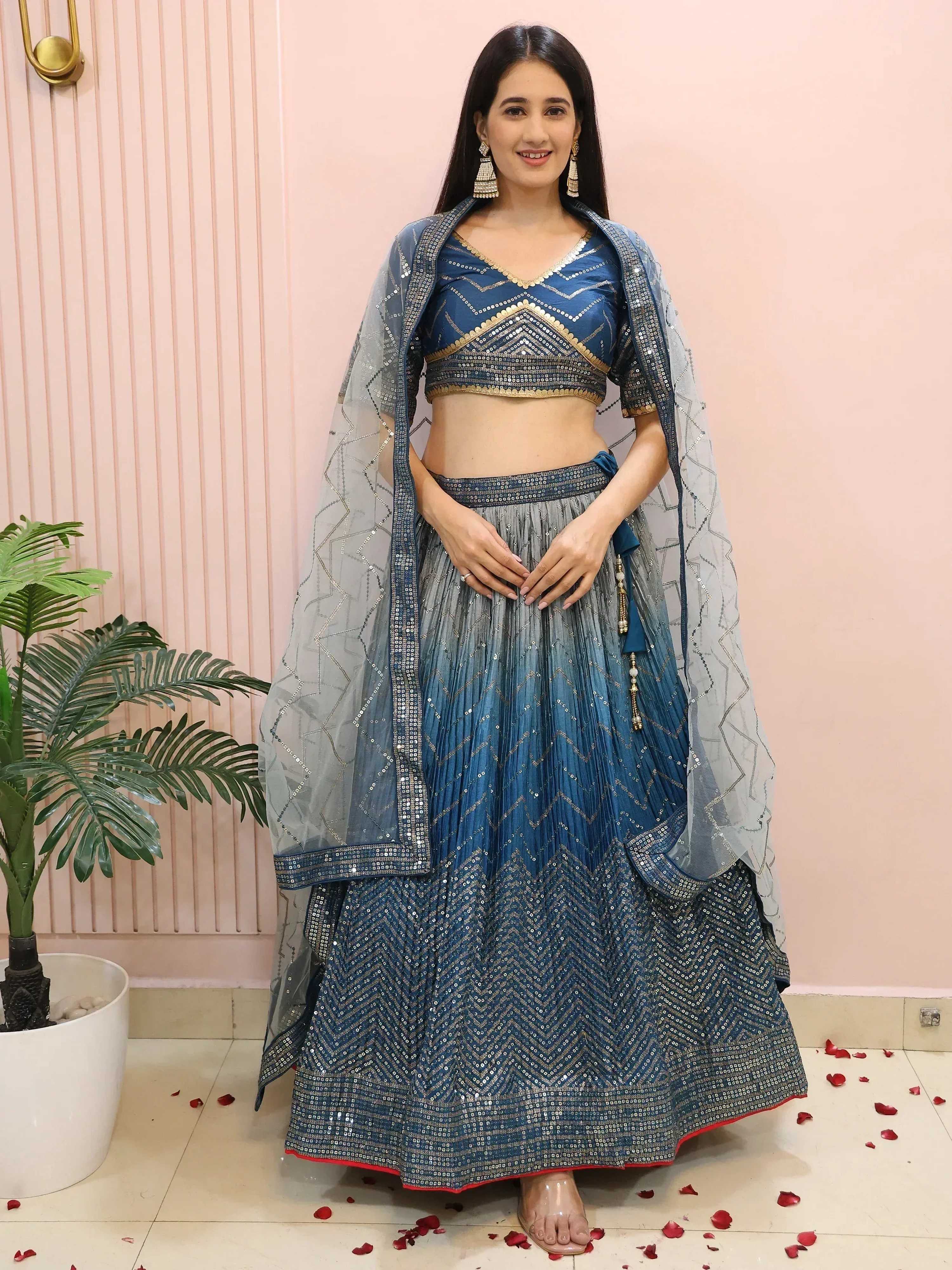 Tulsi Art Dazzling Blue Chinon Sequins Party Wear Lehenga Choli | Grocsy