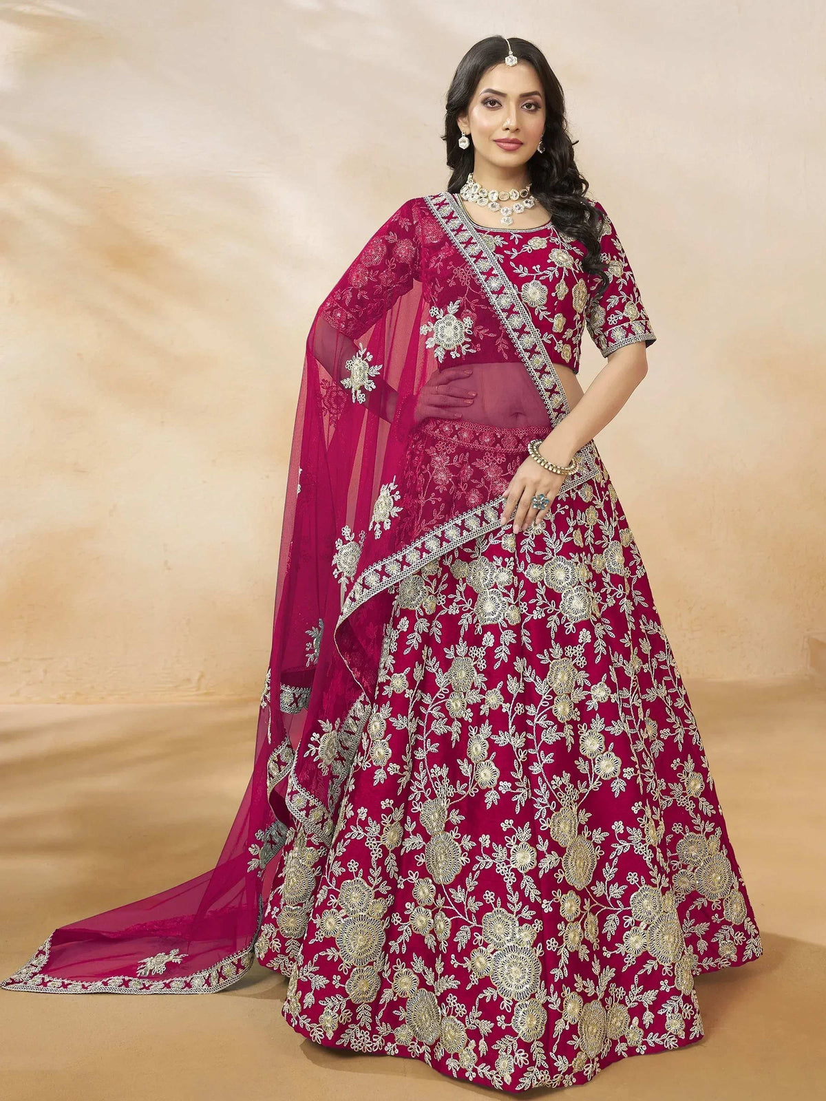 Tulsi Art Dazzling Pink Silk Thread Embroidered Lehenga Choli | Grocsy