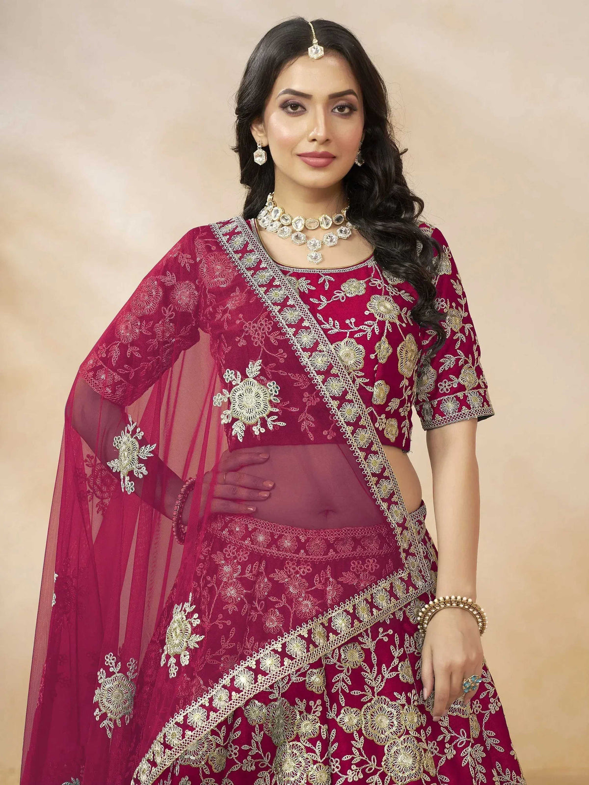 Tulsi Art Dazzling Pink Silk Thread Embroidered Lehenga Choli | Grocsy