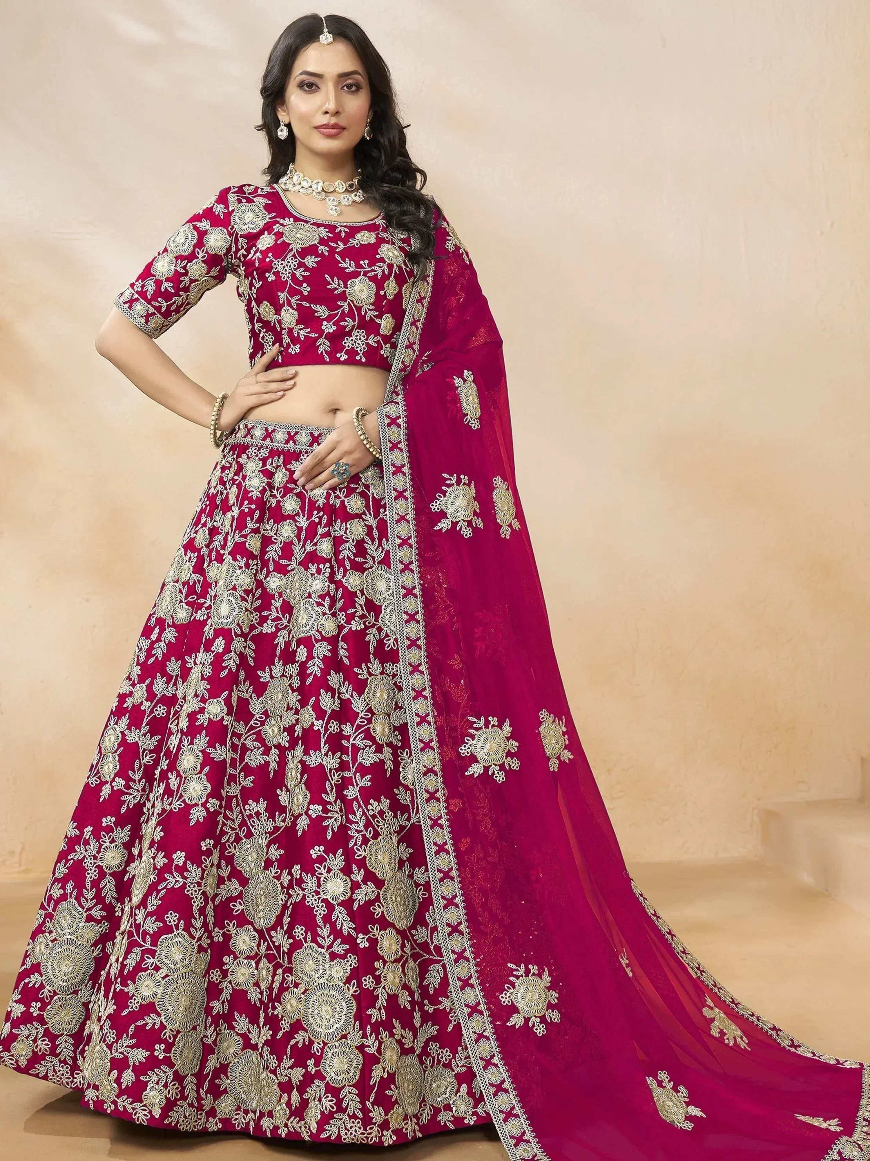 Tulsi Art Dazzling Pink Silk Thread Embroidered Lehenga Choli | Grocsy