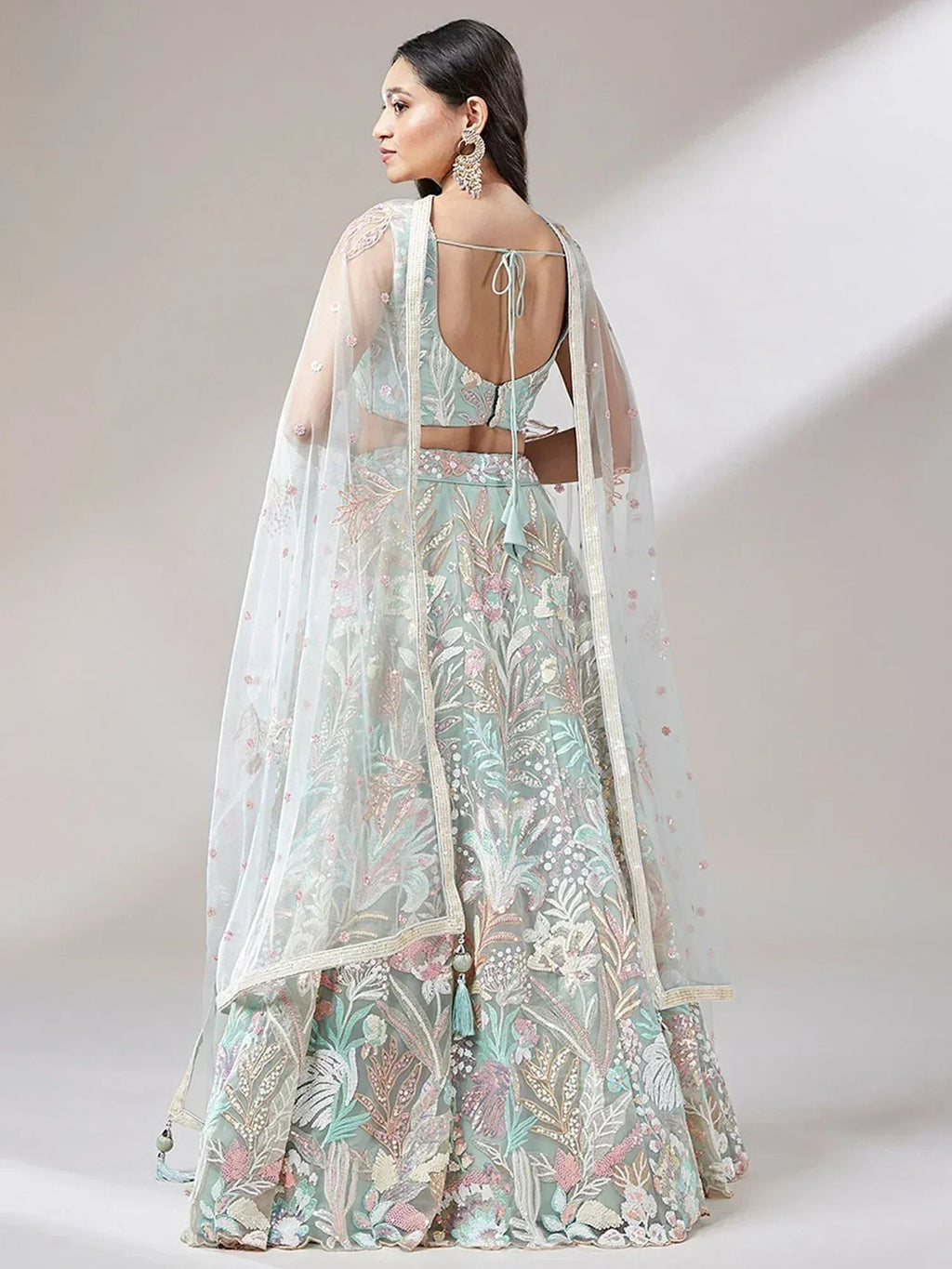 Tulsi Art Dazzling Pista Green Sequins Soft Net Engagement Wear Lehenga Choli | Grocsy