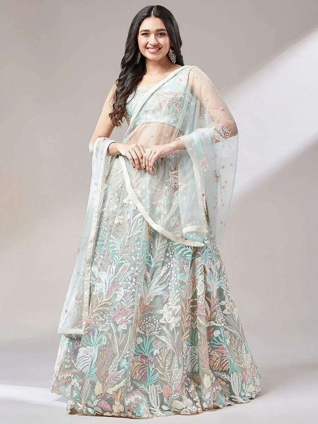 Tulsi Art Dazzling Pista Green Sequins Soft Net Engagement Wear Lehenga Choli | Grocsy