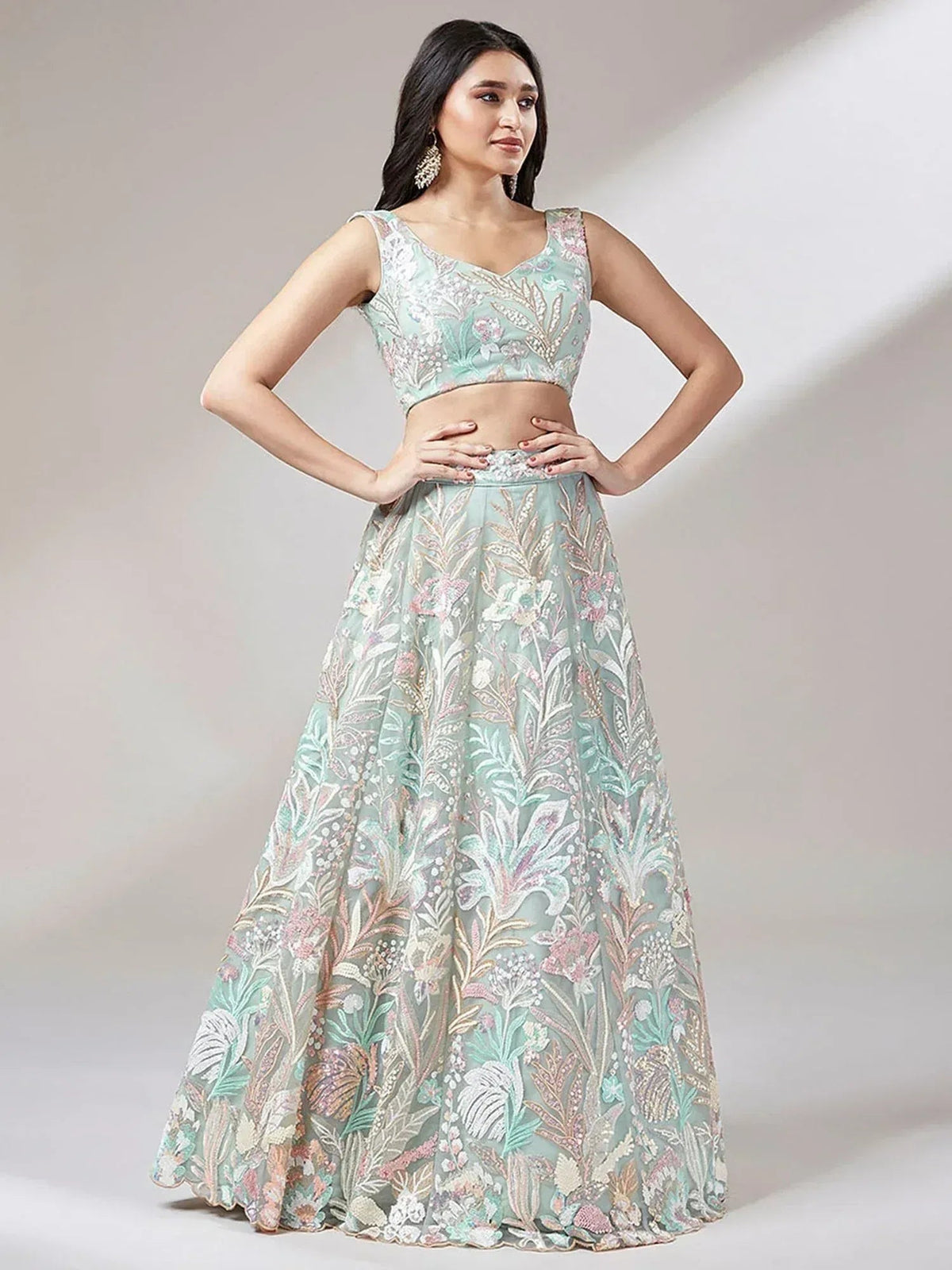 Tulsi Art Dazzling Pista Green Sequins Soft Net Engagement Wear Lehenga Choli | Grocsy