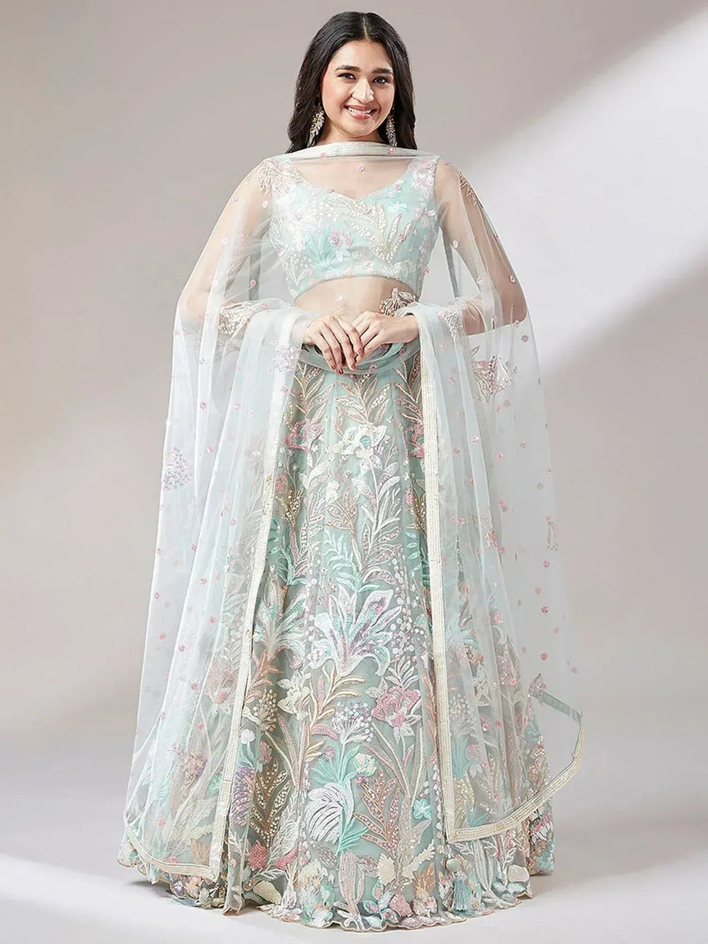 Tulsi Art Dazzling Pista Green Sequins Soft Net Engagement Wear Lehenga Choli | Grocsy
