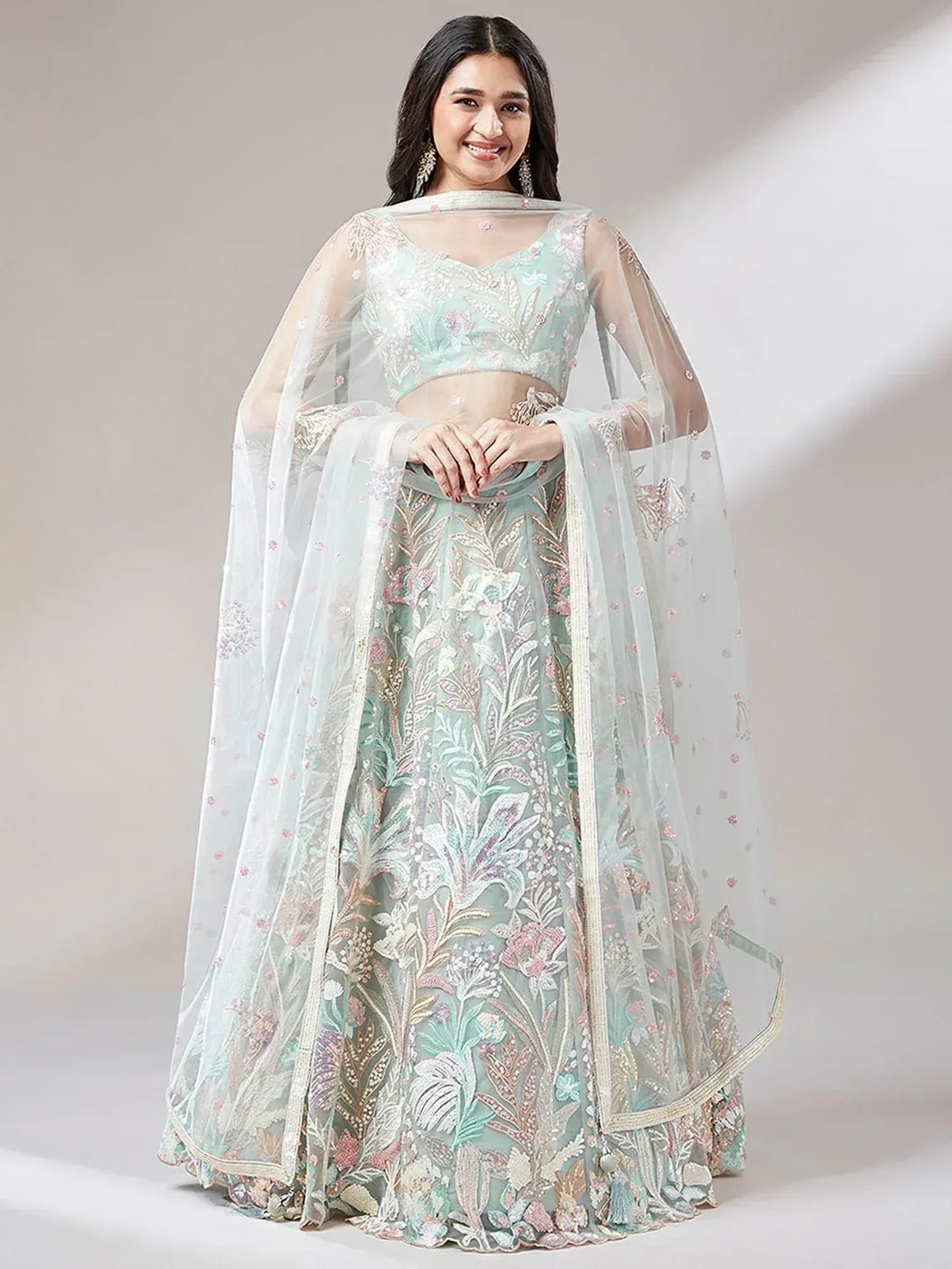 Tulsi Art Dazzling Pista Green Sequins Soft Net Engagement Wear Lehenga Choli | Grocsy
