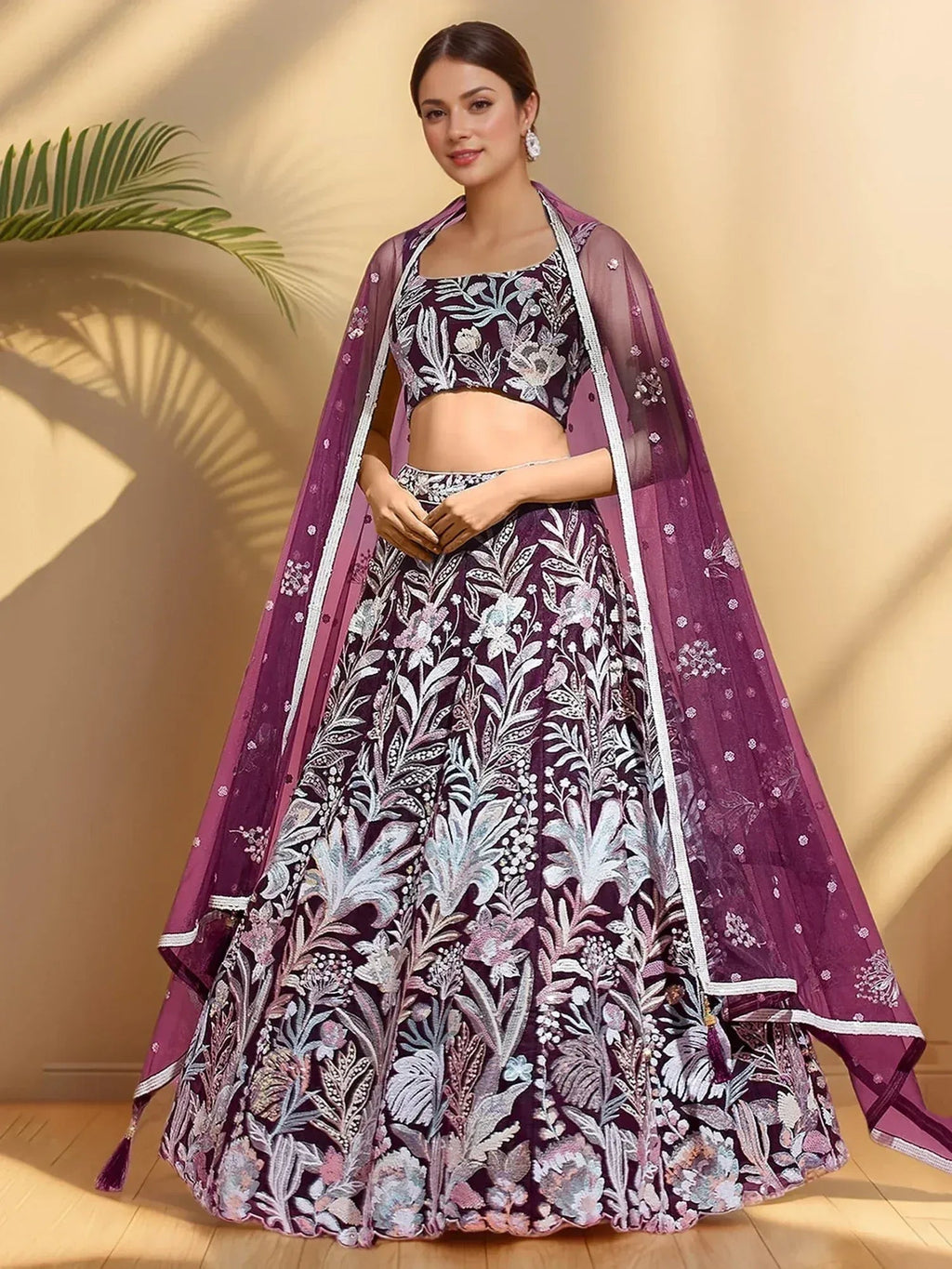 Tulsi Art Dazzling Wine Sequins Net Engagement Wear Lehenga Choli | Grocsy