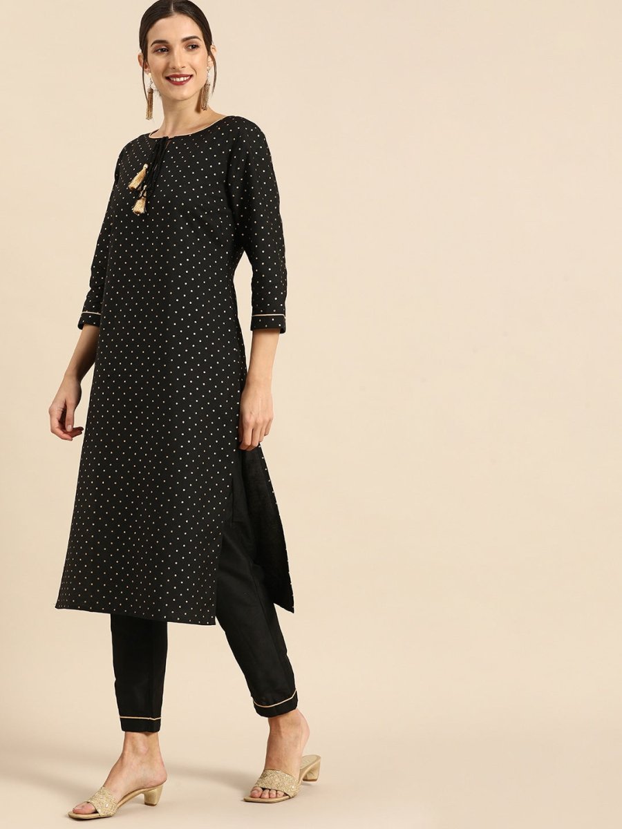 All About You Women Black & Gold Printed Regular Kurta with Trousers & Dupatta | Grocsy