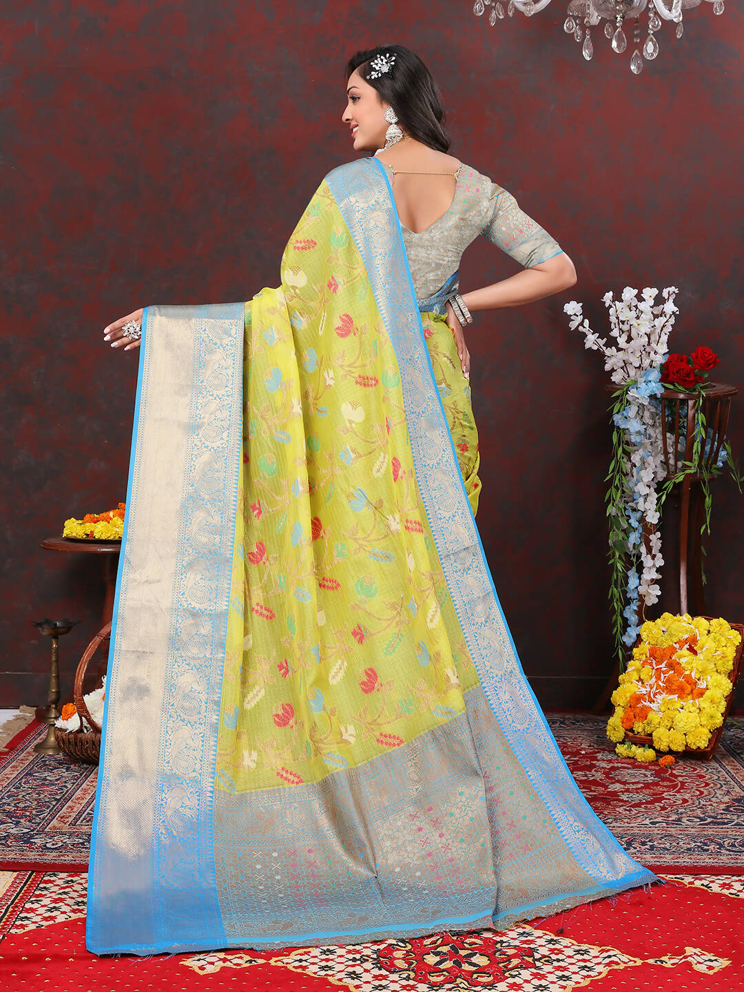 Lorenvalley Fashion Yellow Cotton Woven Design Zari Meenakari Weaving Saree | Grocsy