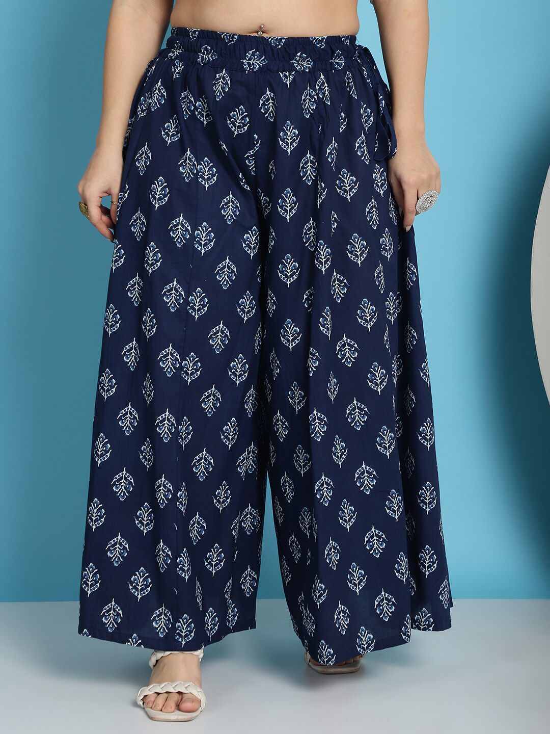 TAG 7 Plus Size Floral Block Printed Flared Pure Cotton Ethnic Palazzos | Grocsy