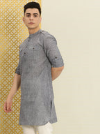 House of Pataudi Men Grey Solid Roll Up Sleeved Pathani Kurta | Grocsy