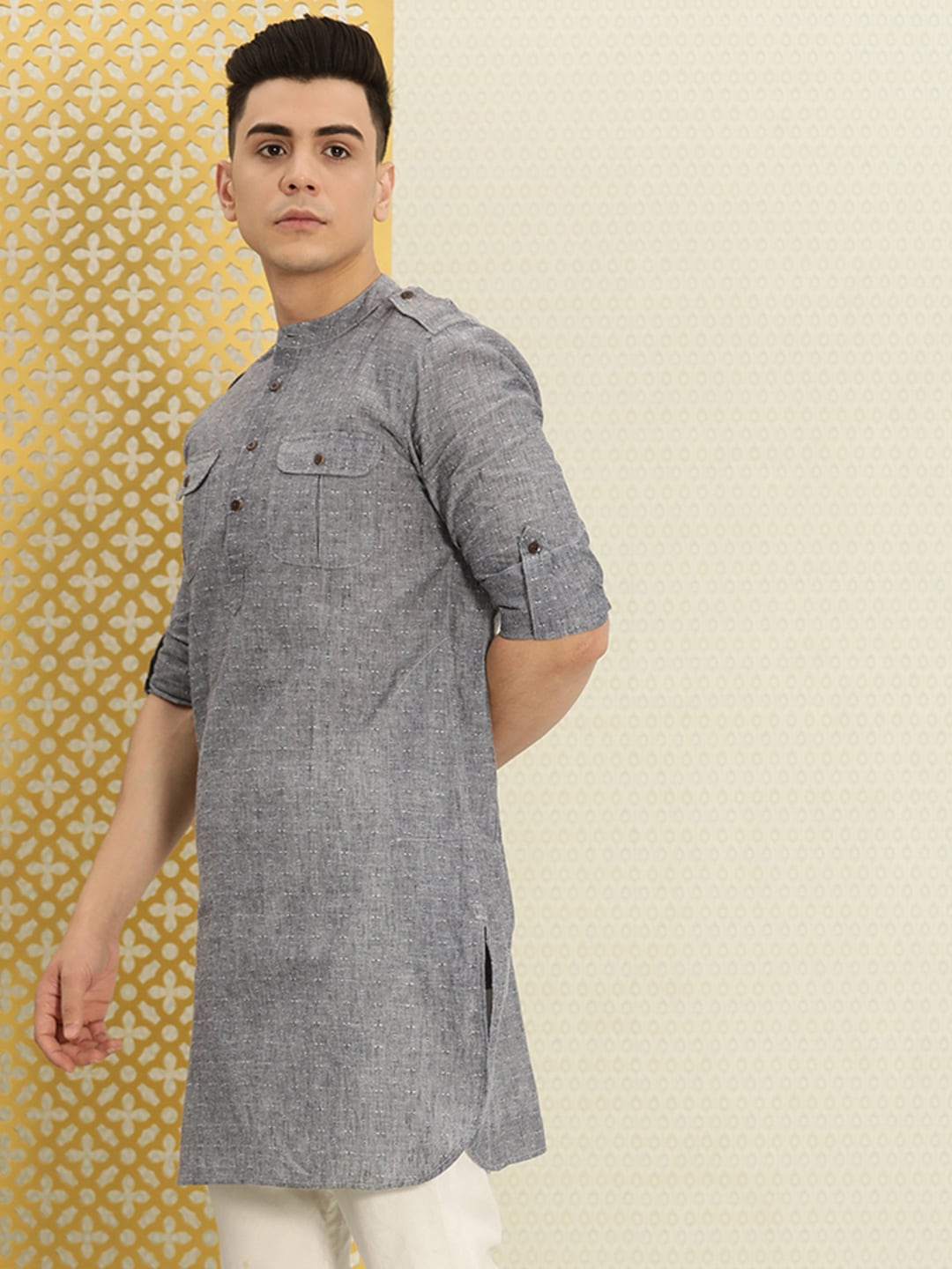 House of Pataudi Men Grey Solid Roll Up Sleeved Pathani Kurta | Grocsy