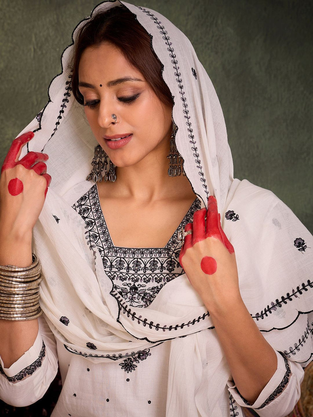 Indo Era Floral Embroidered Thread Work Pure Cotton Kurta With Trousers & Dupatta | Grocsy