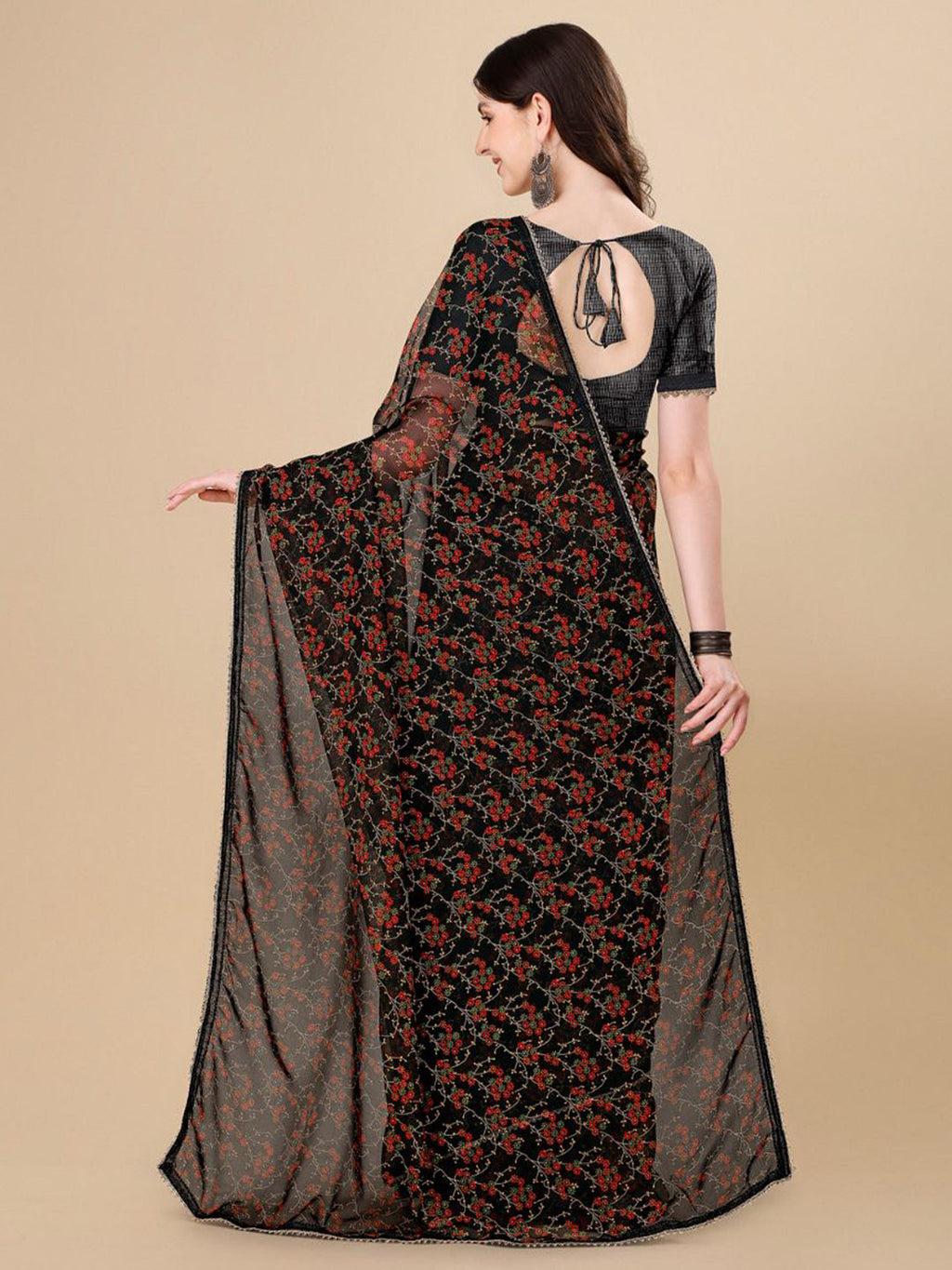 Sangria Black Floral Printed Gotta Patti Detail Pure Chiffon Saree | Grocsy