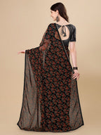 Sangria Black Floral Printed Gotta Patti Detail Pure Chiffon Saree | Grocsy