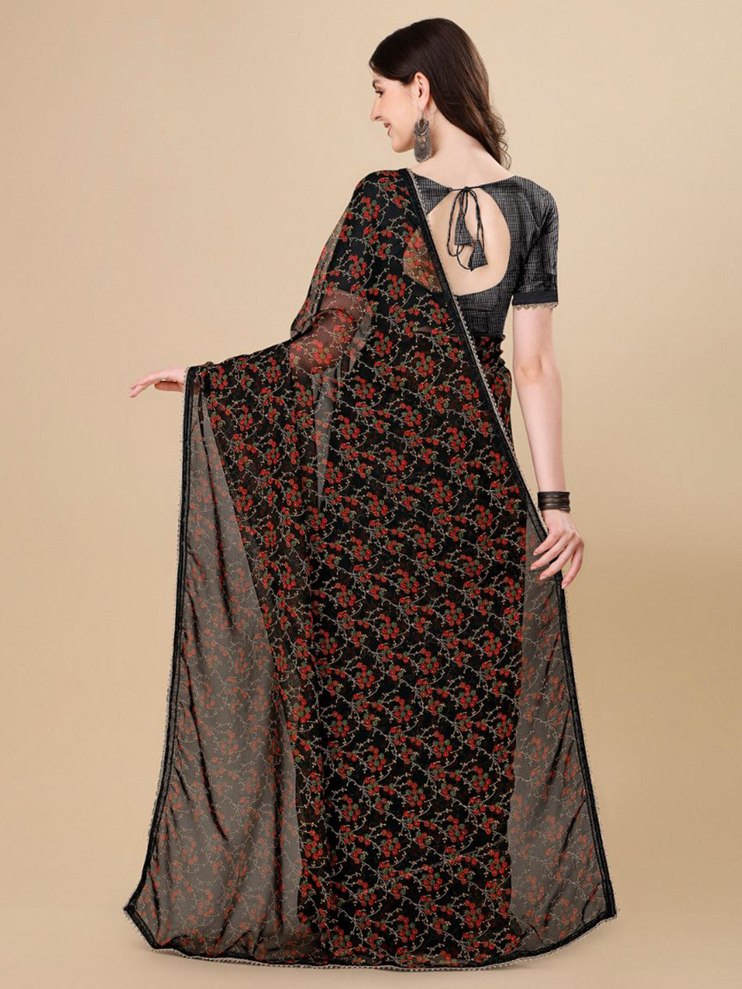 Sangria Black Floral Printed Gotta Patti Detail Pure Chiffon Saree | Grocsy