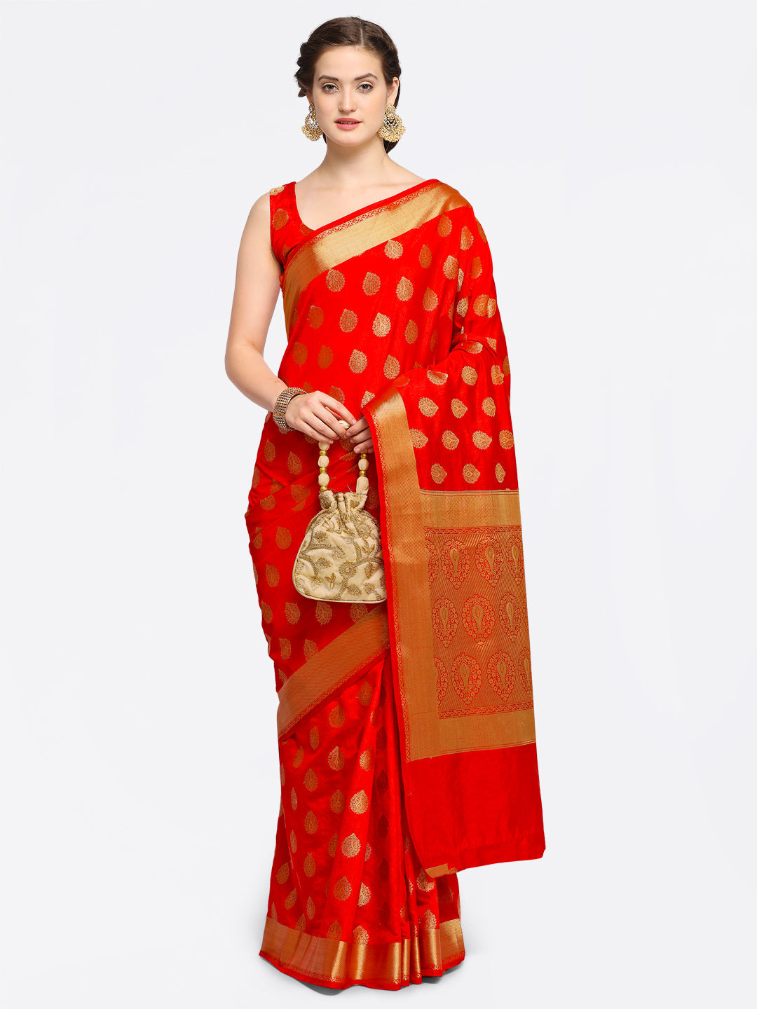Saree Mall Red Silk Blend Woven Design Kanjeevaram Saree | Grocsy