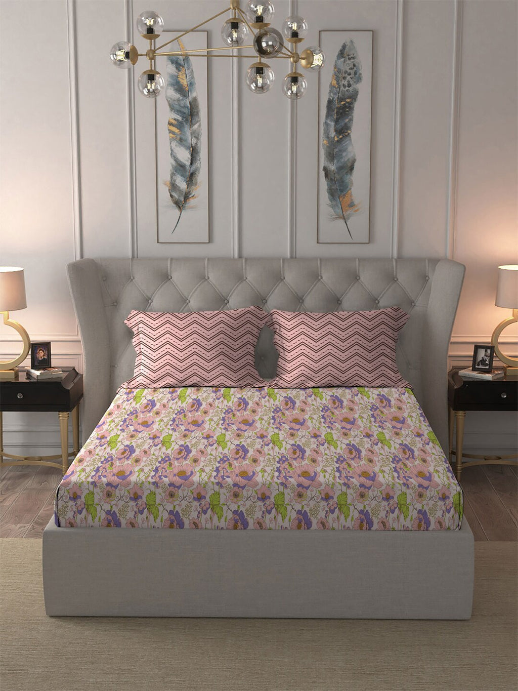 MYTRIDENT Moments Pink Blue Floral Pure Cotton 120 TC Queen Bedsheet With 2 Pillow Covers | Grocsy