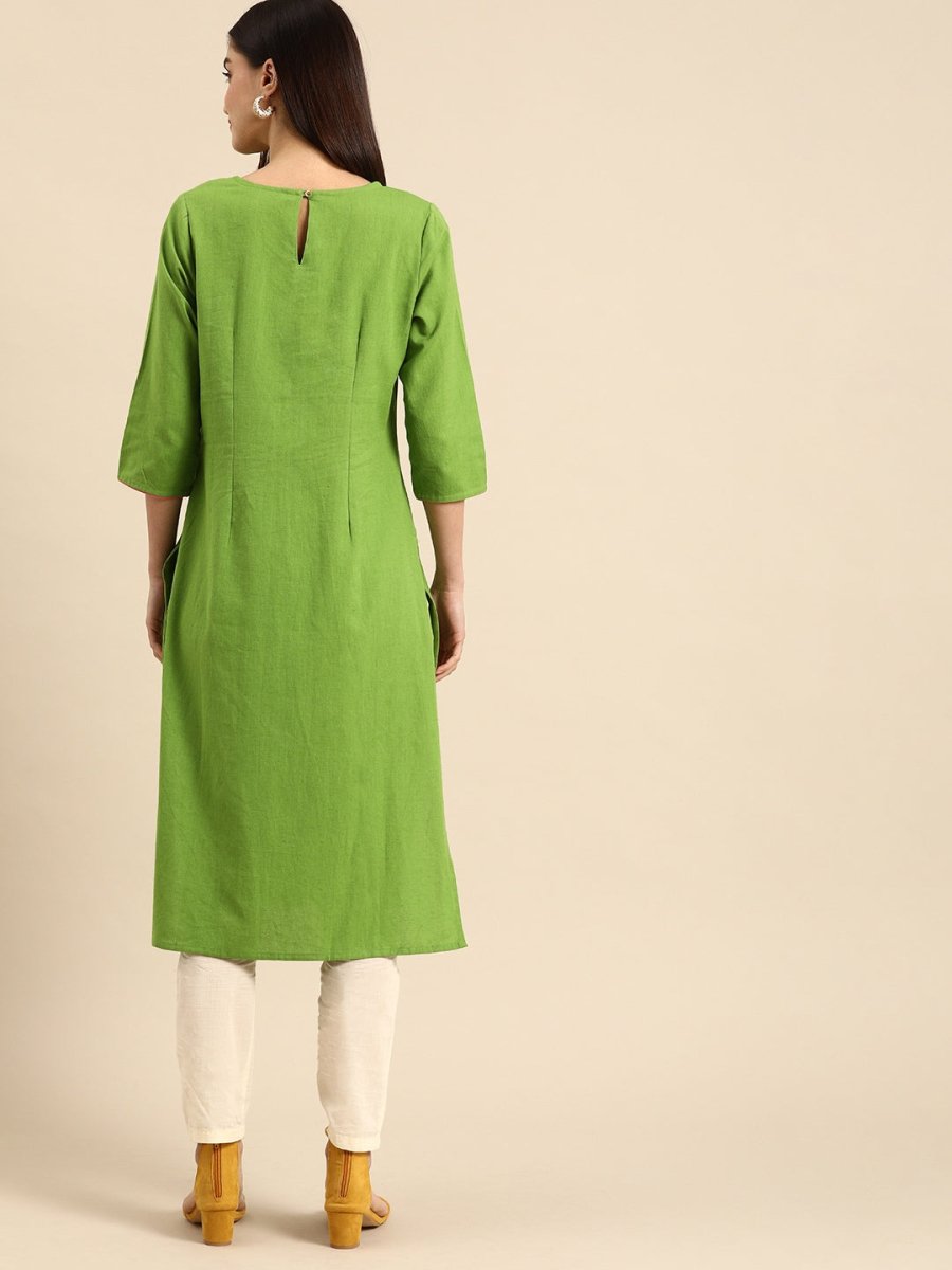All About You Women Green & Pink Ethnic Motifs Yoke Design Thread Work Pure Cotton Kurta | Grocsy