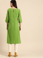All About You Women Green & Pink Ethnic Motifs Yoke Design Thread Work Pure Cotton Kurta | Grocsy