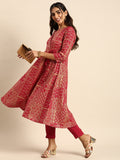 Sangria Women Ethnic Motifs Printed Angrakha Pure Cotton Kurta with Trousers | Grocsy