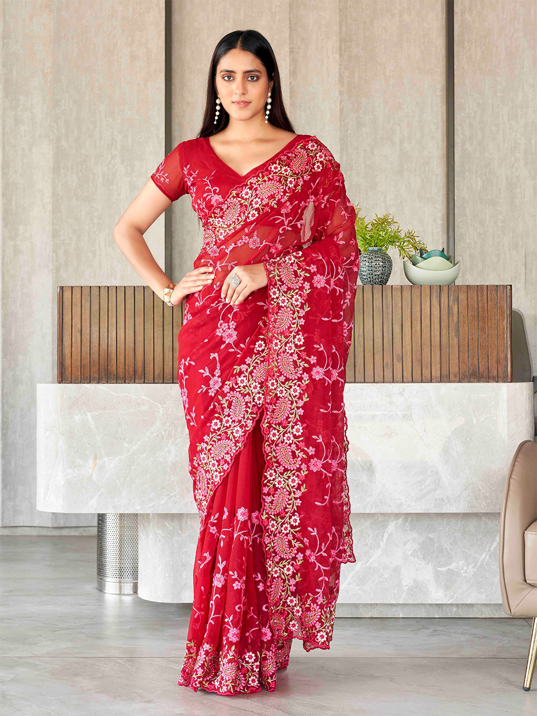 Tikhi Imli Floral Embroidered Chiffon Heavy Work Saree | Grocsy