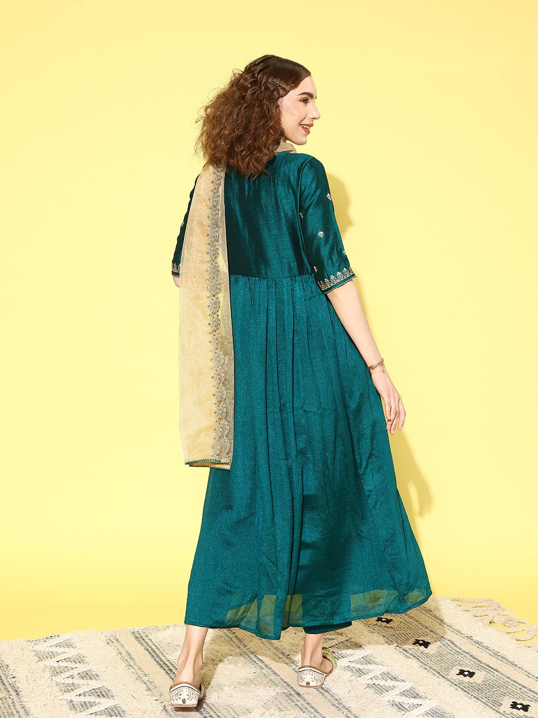 Sangria Women Floral Embroidered Angrakha Kurta with Trousers & With Dupatta | Grocsy