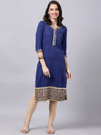 Souchii Women Blue Yoke Design Thread Work Grandeur & Majestic Artwork Kurta | Grocsy