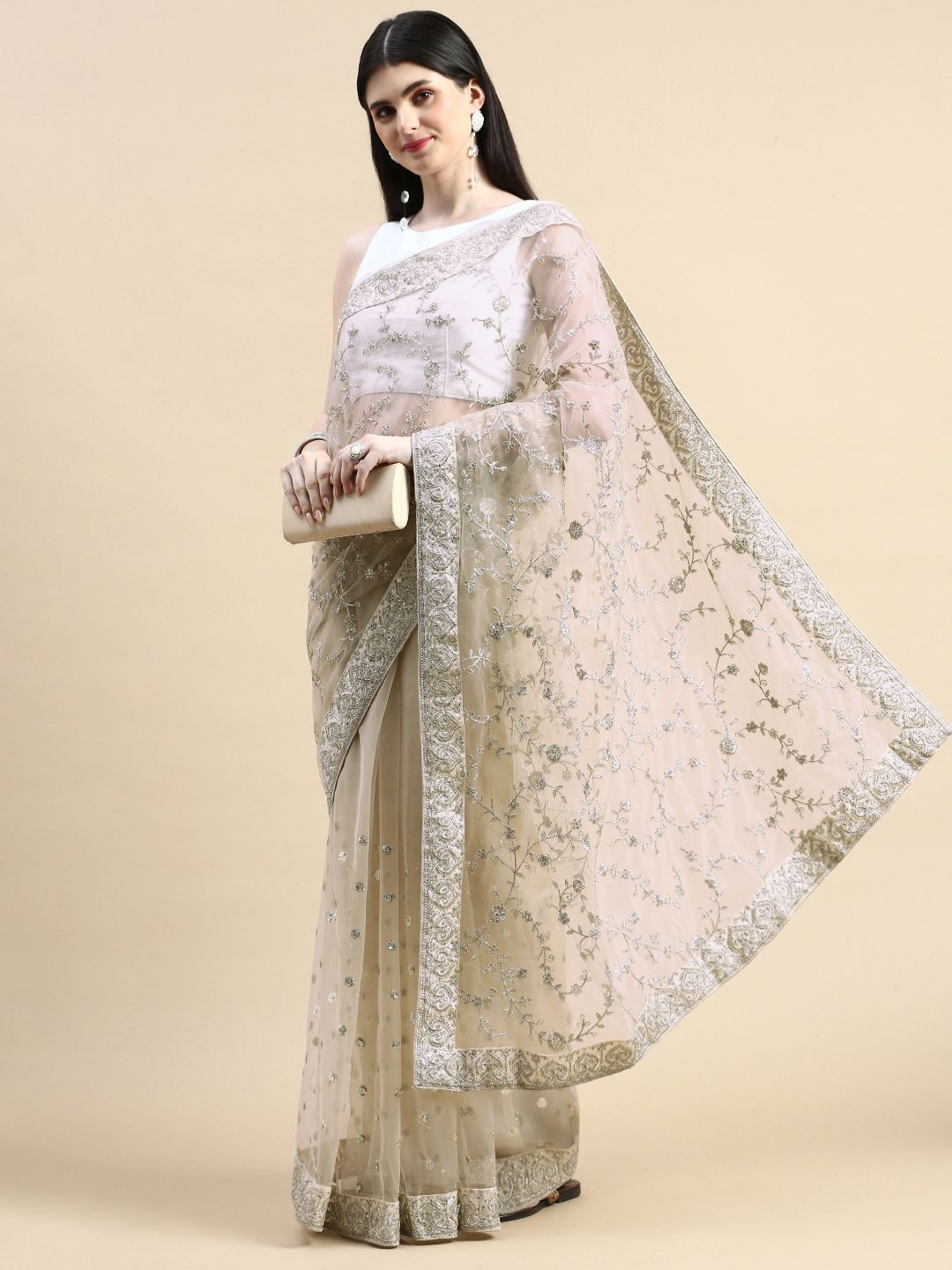 kasee Floral Embroidered Sequinned Net Saree | Grocsy